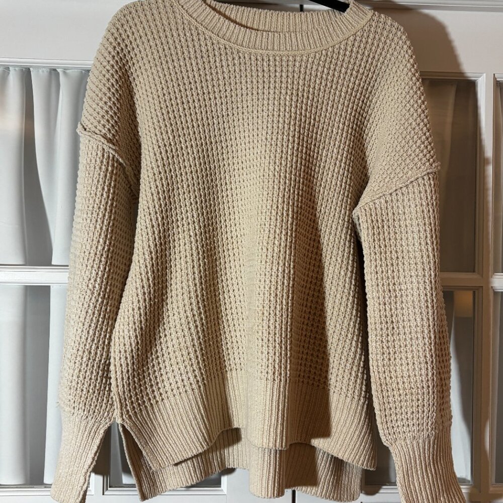 Altar'd State Waffle Knit Long Sleeve Pullover Sweater Beige